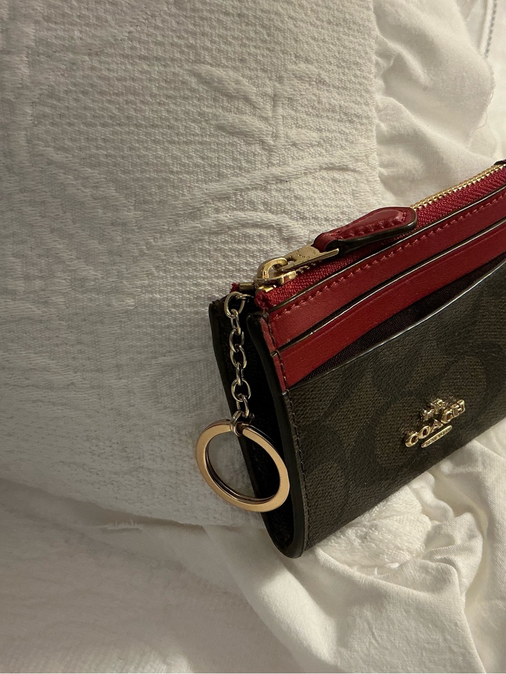 Coach Brown Signature Canvas Wristlet with Red Trim and Gold Hardware